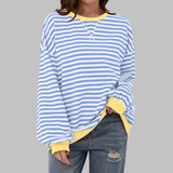 Lara - Sweatshirt casual às riscas de manga comprida e gola redonda