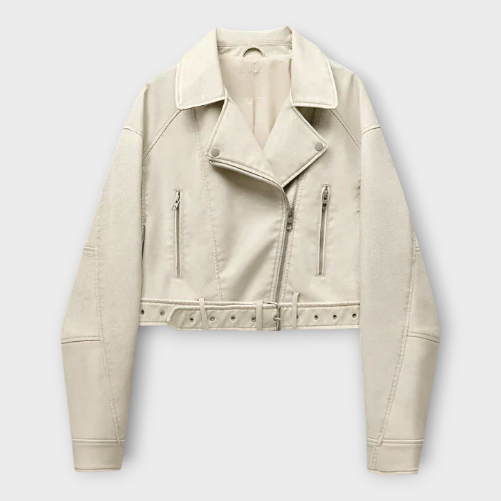 Casaco de cabedal curto moderno com cinto e estética sofisticada