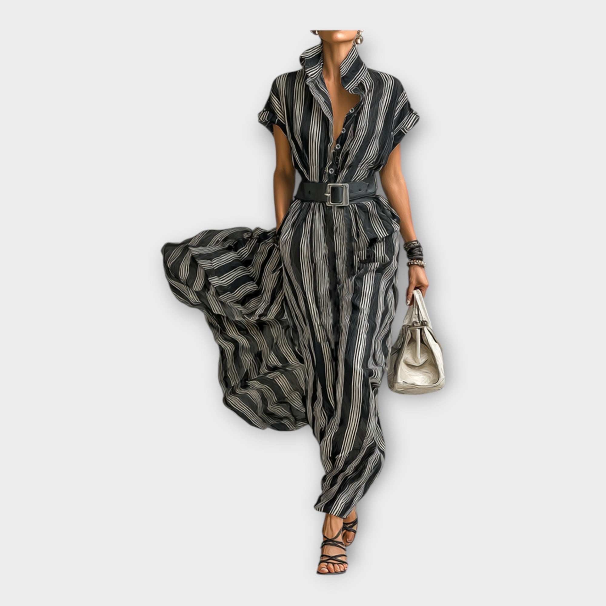 Vestido comprido com estética minimalista e sofisticada